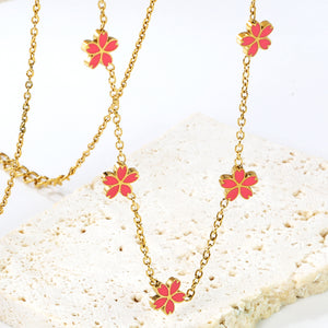 5 6.7mm cherry blossoms with pink oil drop necklace cross 0.35mm*40+5cm+6mm round tag Gold color