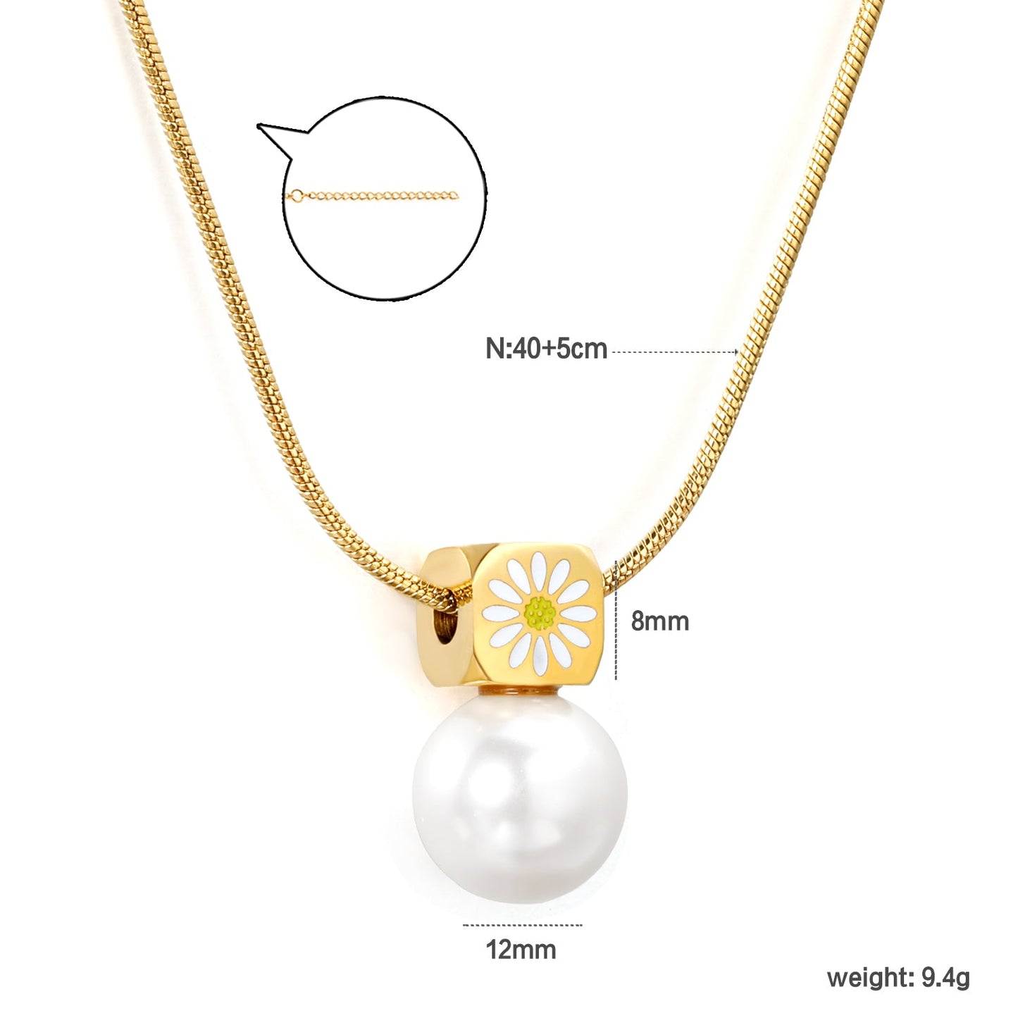 8mm chamfered square+12mm pearl pendant necklace cross chain 40+5cm+6mm round plaque gold color asonjewelry