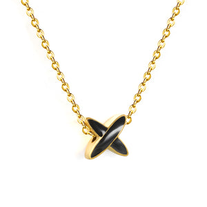 7x7.1mm X-shaped CNC white zirconia/black oil drop, 1.2mm round snake chain/0.3mm cross chain, 40+5cm+6mm round tag, necklace, gold color