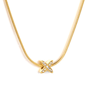 7x7.1mm X-shaped CNC white zirconia/black oil drop, 1.2mm round snake chain/0.3mm cross chain, 40+5cm+6mm round tag, necklace, gold color