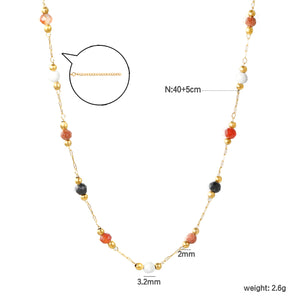 2mm small steel beads + 3.2mm colored stones 40+5cm + 10x3mm square tag necklace, gold