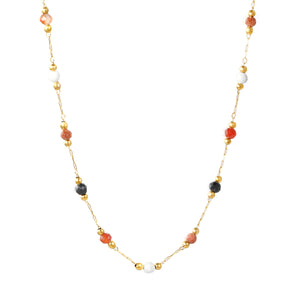 2mm small steel beads + 3.2mm colored stones 40+5cm + 10x3mm square tag necklace, gold