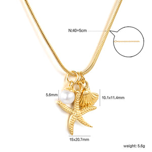 15 x 20.7mm Starfish + 10.1 x 11.4mm Shell + 5.6mm Pearl Accessories 1.2mm Round Snake Chain 40+5cm+6mm Necklace Gold