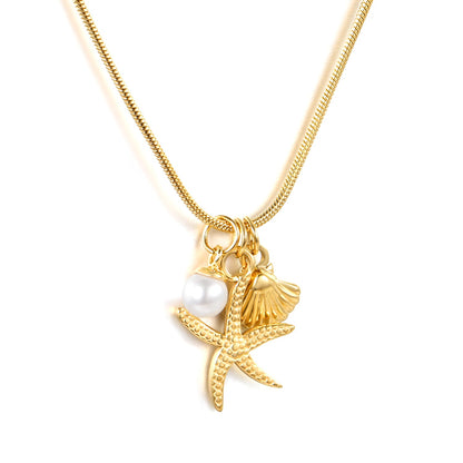 15 x 20.7mm Starfish + 10.1 x 11.4mm Shell + 5.6mm Pearl Accessories 1.2mm Round Snake Chain 40+5cm+6mm Necklace Gold asonjewelry