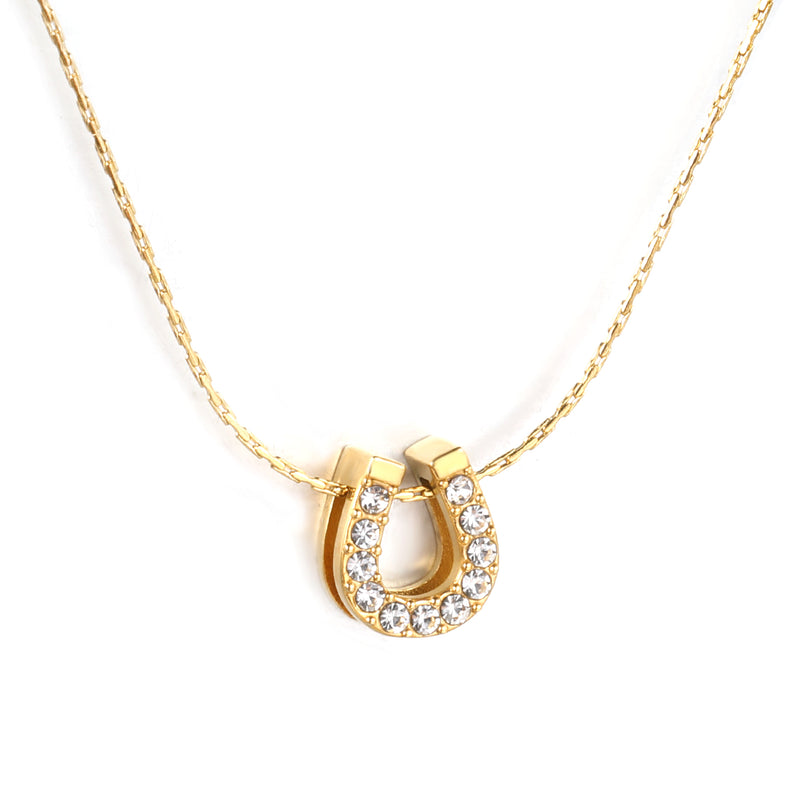 8x9mm U-shaped hollow pendant with diamonds, 0.3mm cross hammer round chain, 40+5cm+6mm round tag necklace, gold