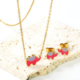 8.6*6.4mm small elephant with pink oil drop earrings +12.2*9mm pendant set cross 0.3mm*45+5cm+6mm round plate steel color / gold color