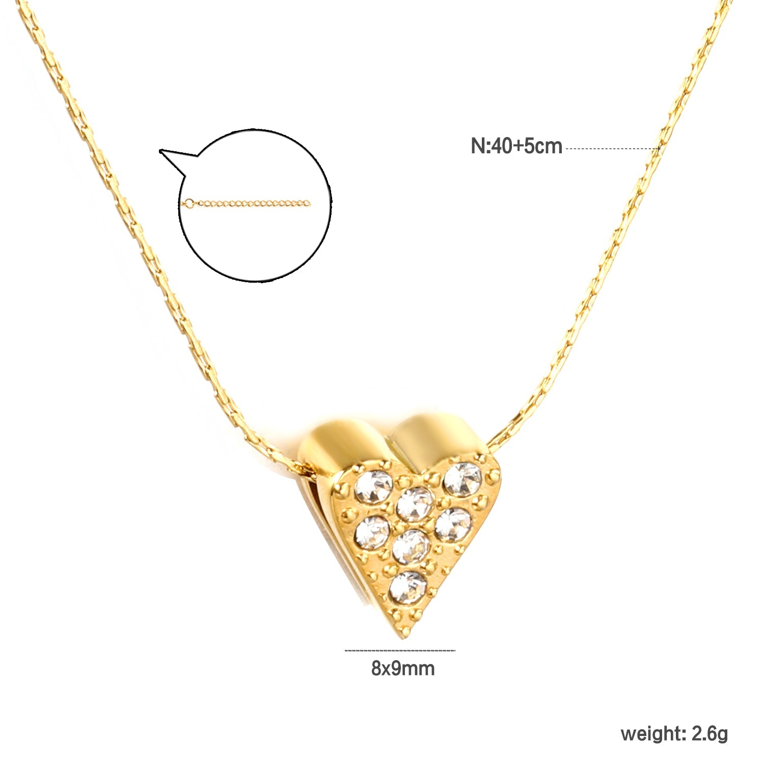 8x9mm heart-shaped hollow pendant with diamonds, 0.3mm cross hammer round chain, 40+5cm+6mm round tag necklace, gold asonjewelry