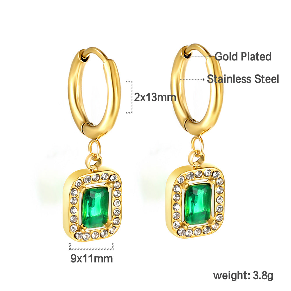 2x13mm circle with rectangular green diamond + white diamond hoop earrings asonjewelry