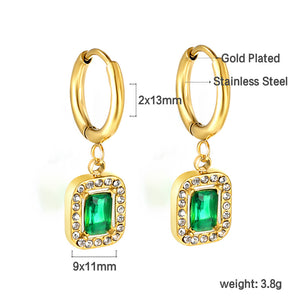 2x13mm circle with rectangular green diamond + white diamond hoop earrings