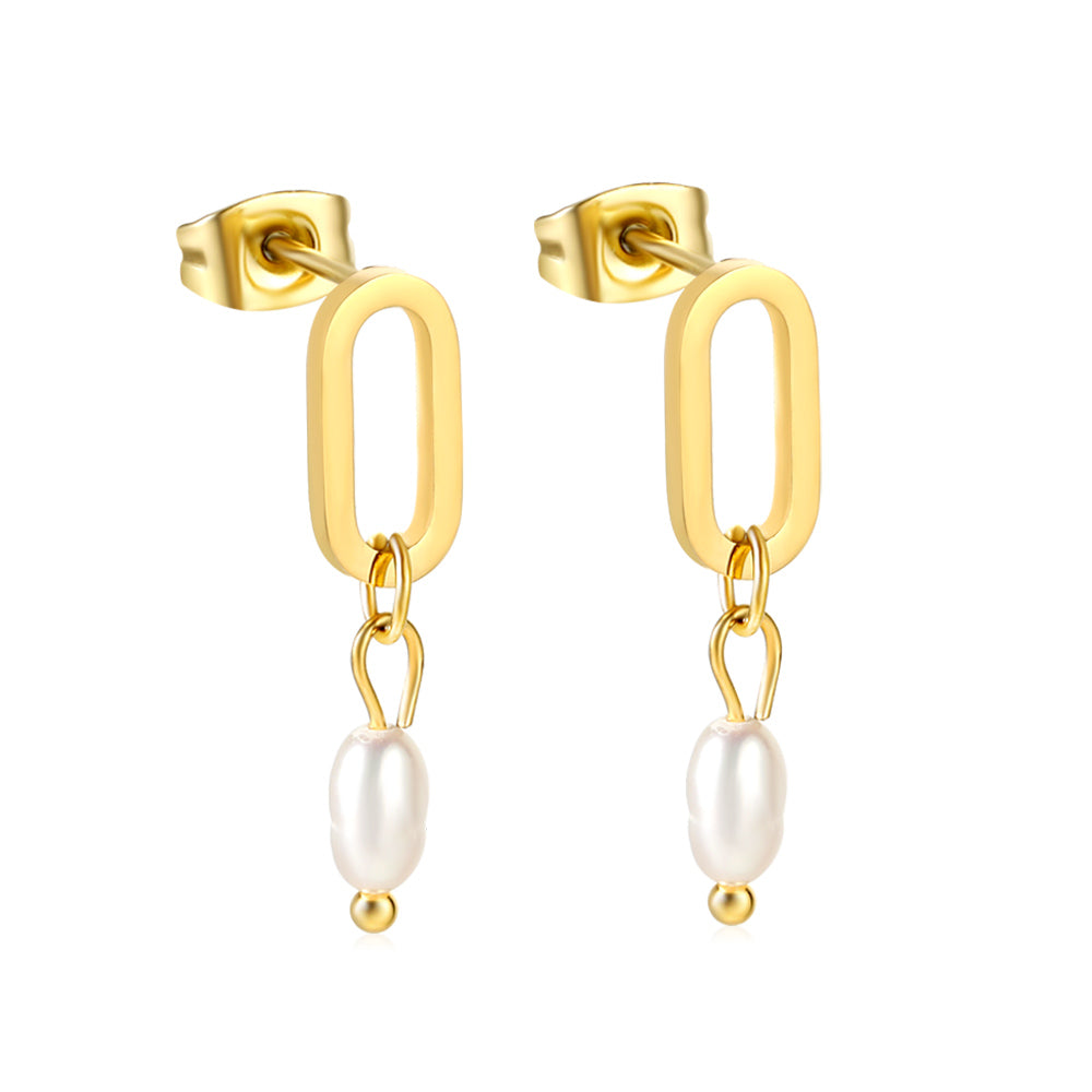 Long Oval Hoop with Oval White Pearl Stud Earrings asonjewelry