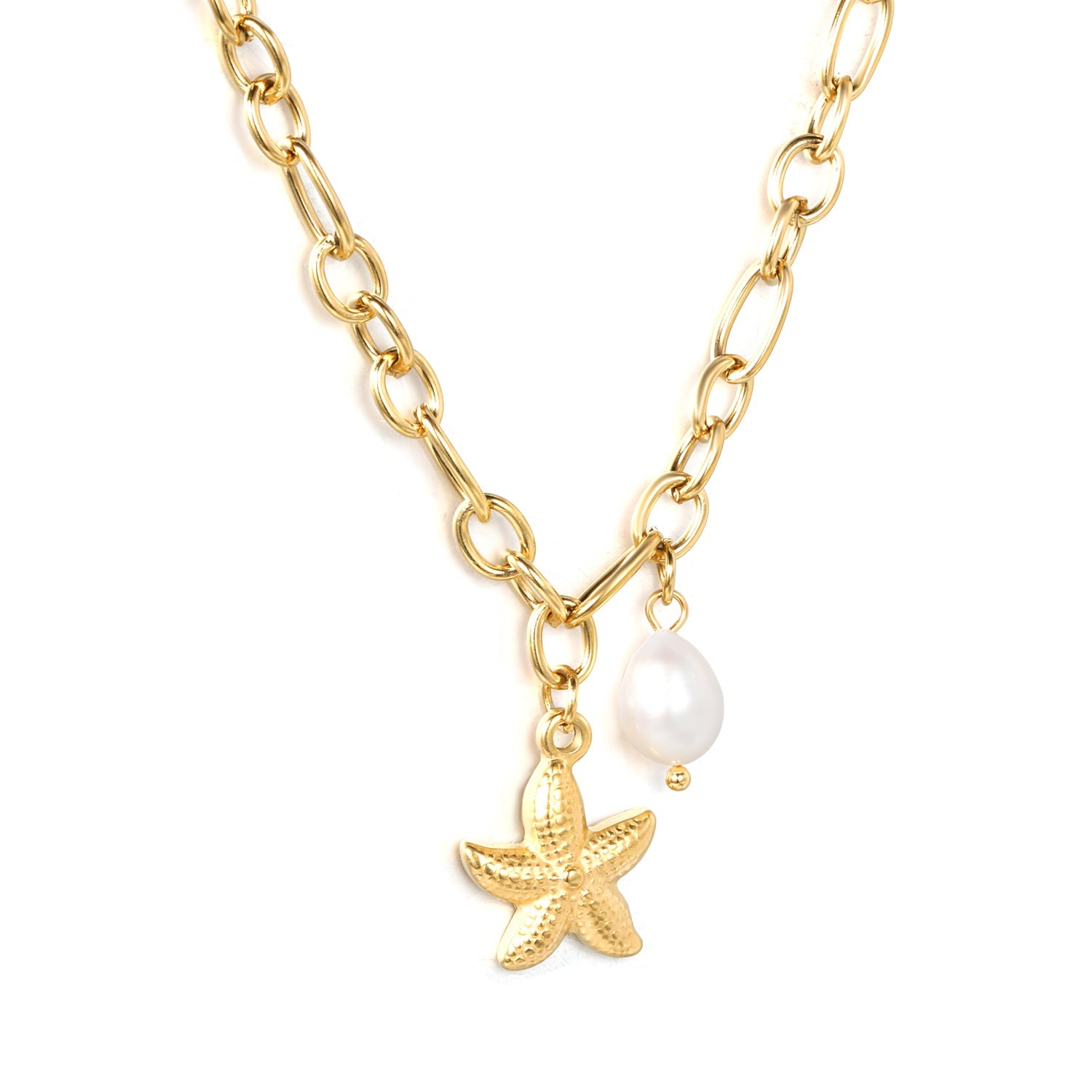 15.1 x 19.6mm starfish + 7.8 x 14.6mm pearl accessories 1.2 cross chain 40+5cm + 6mm necklace, gold asonjewelry