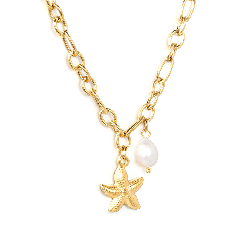 15.1 x 19.6mm starfish + 7.8 x 14.6mm pearl accessories 1.2 cross chain 40+5cm + 6mm necklace, gold