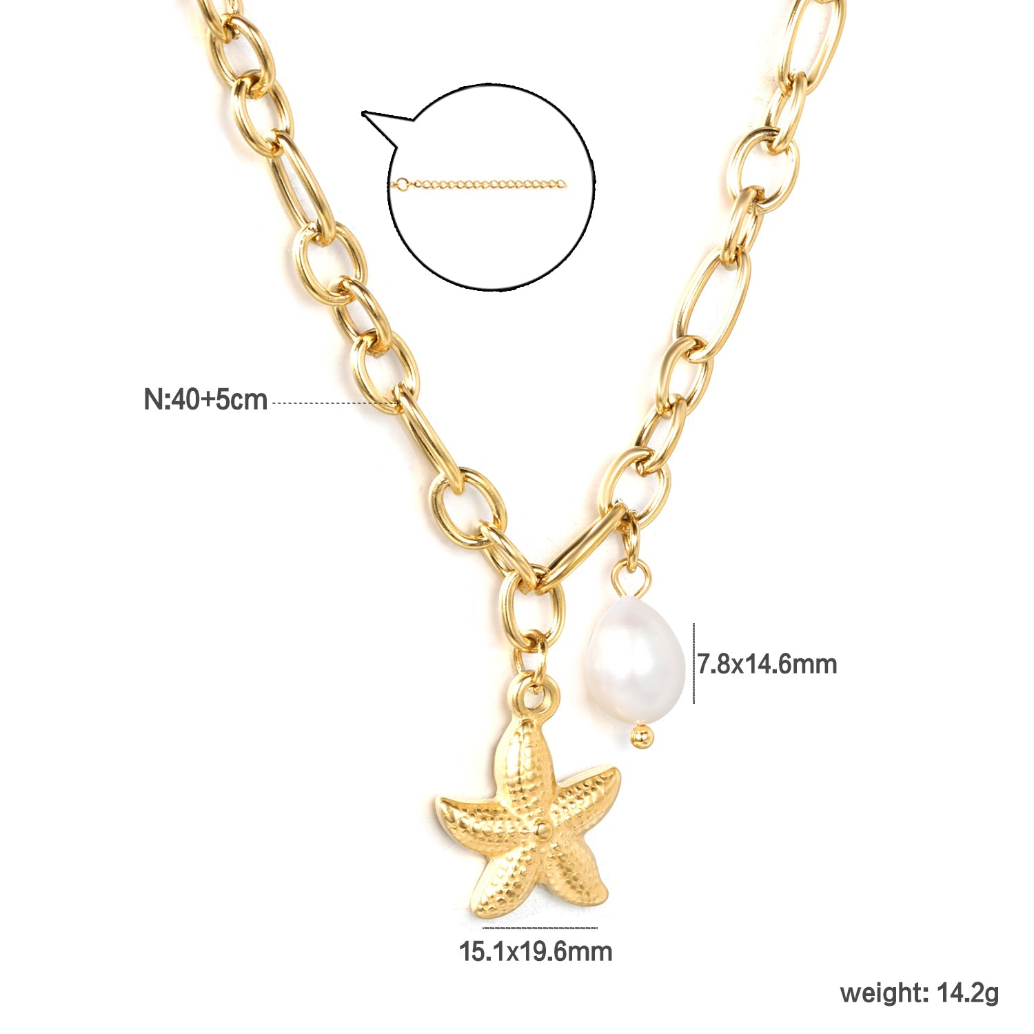 15.1 x 19.6mm starfish + 7.8 x 14.6mm pearl accessories 1.2 cross chain 40+5cm + 6mm necklace, gold asonjewelry