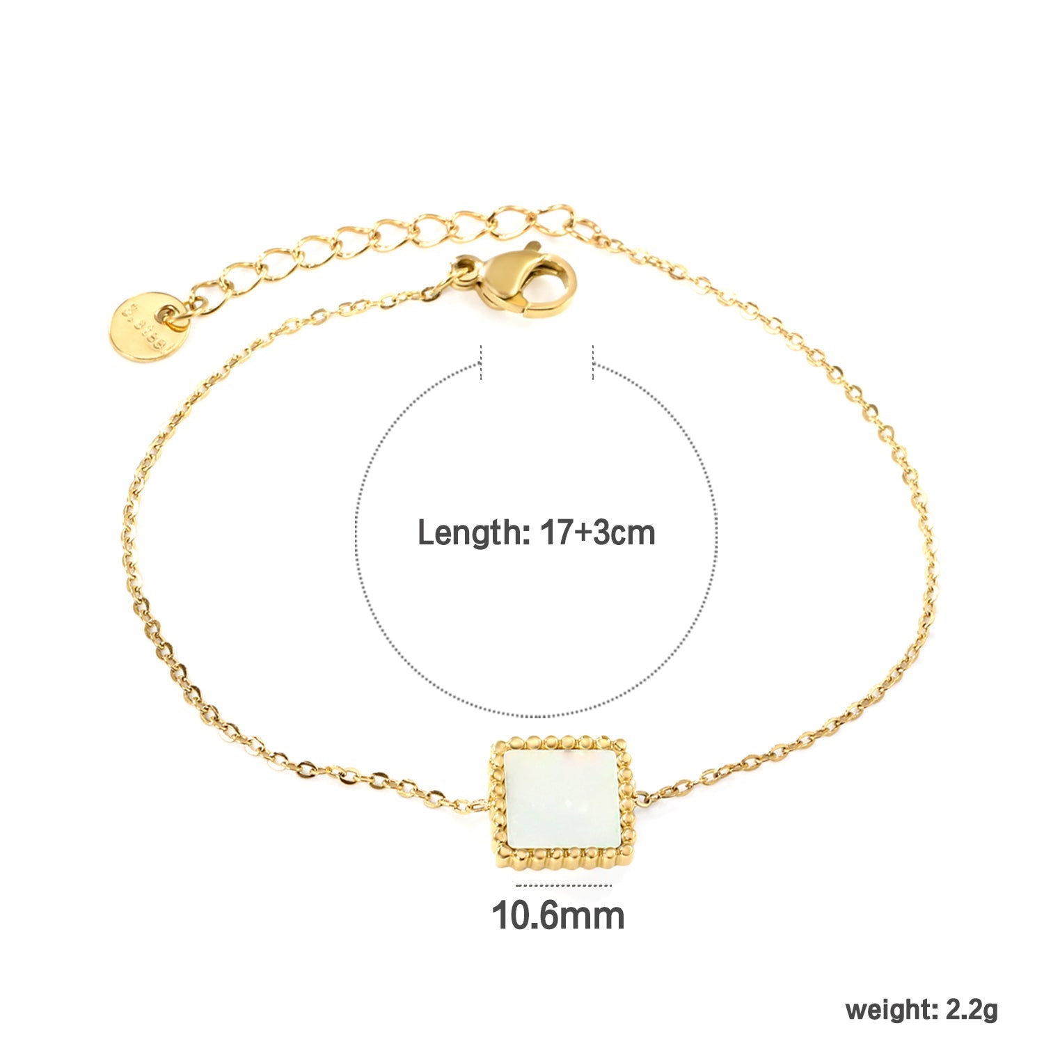 10.6mm Bead Edge Square Sticky White Shell Bracelet 17+3cm+6mm Round Tail Plaque Gold Color asonjewelry