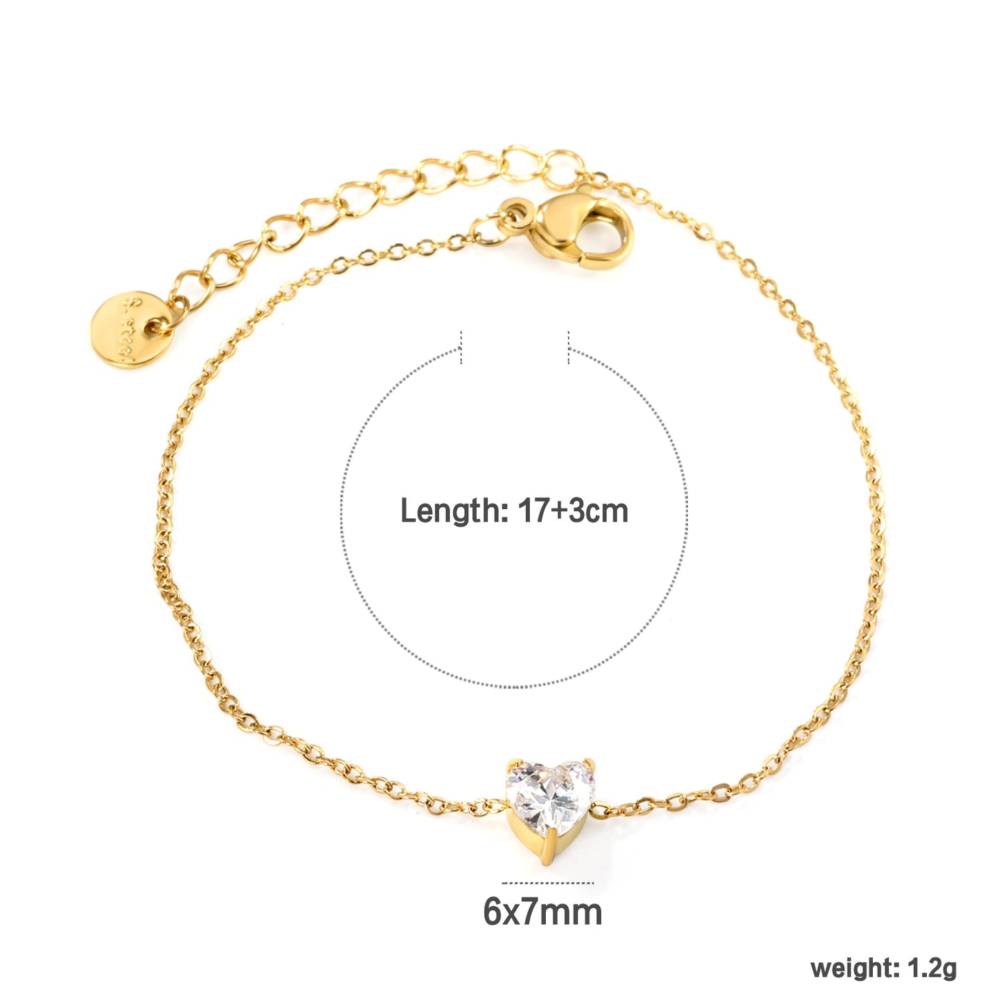 6*7mm Heart with White Zirconium Accessories Bracelet 17+3cm+6mm Round End Plaque Gold Color asonjewelry