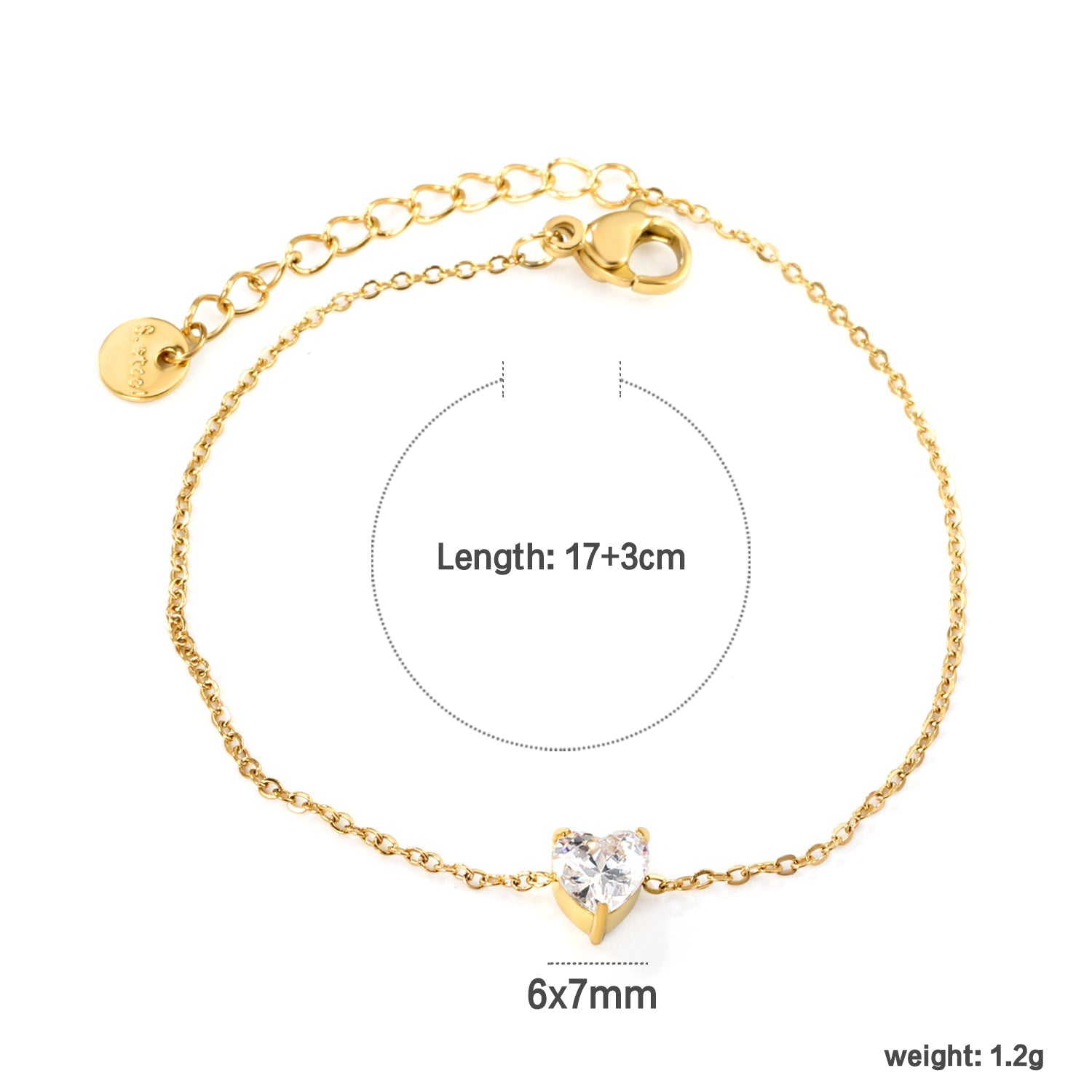 6*7mm Heart with White Zirconium Accessories Bracelet 17+3cm+6mm Round End Plaque Gold Color asonjewelry