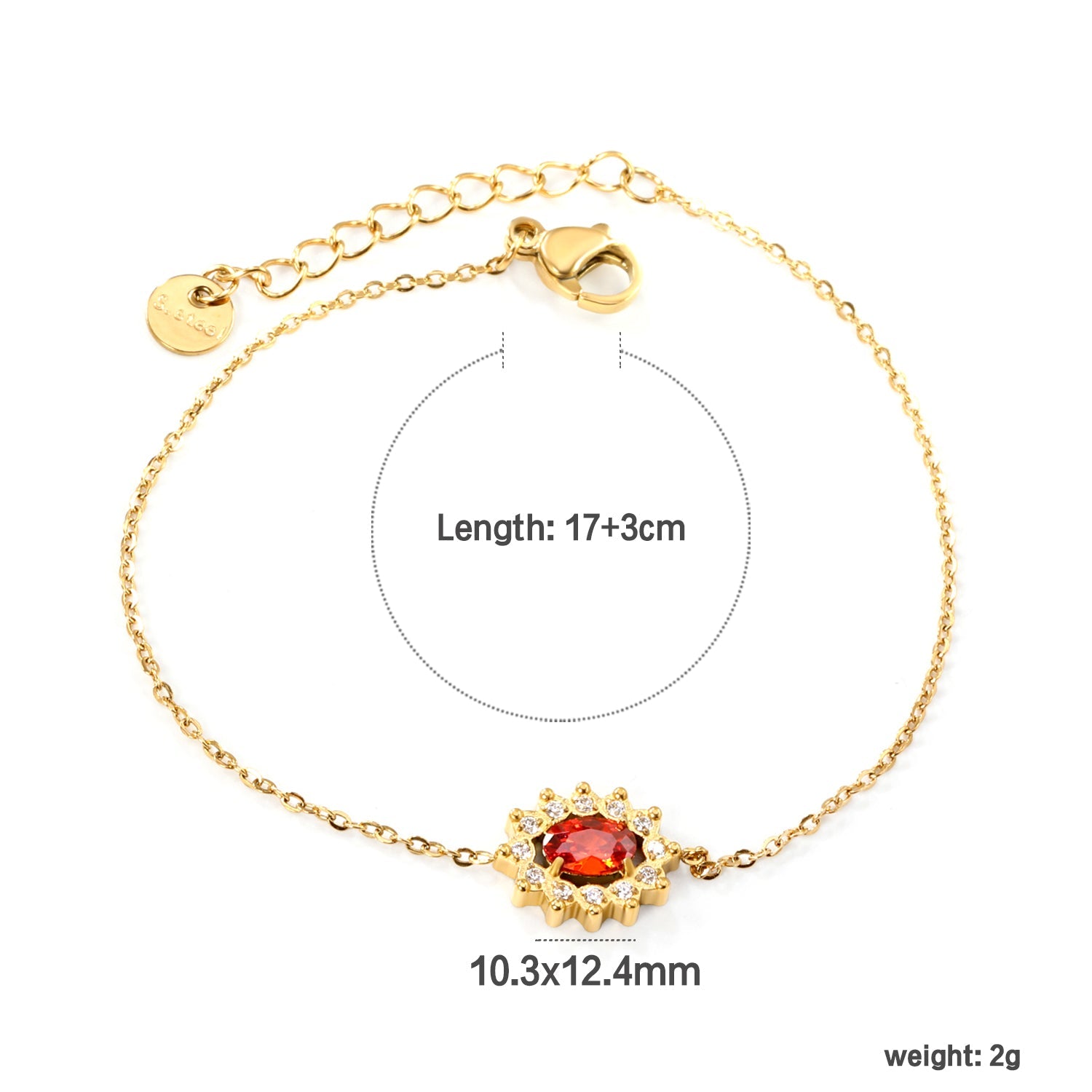 10.3*12.4mm Lace Oval with CNC White Zirconium Ring + Garnet Red Real Zirconium Accessories Bracelet 17+3cm+6mm Round End Plaque Steel/Golden asonjewelry
