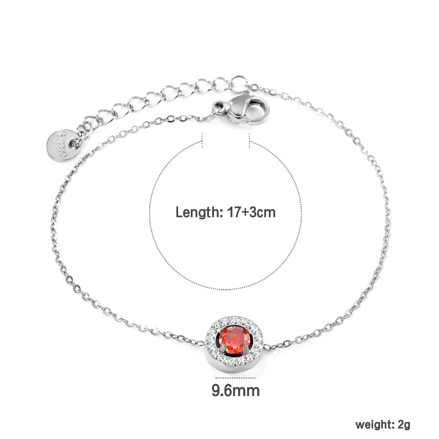 9.6mm round with CNC white zirconium circle + garnet red real zirconium accessories bracelet 17+3cm + 6mm round end plate steel color/golden asonjewelry