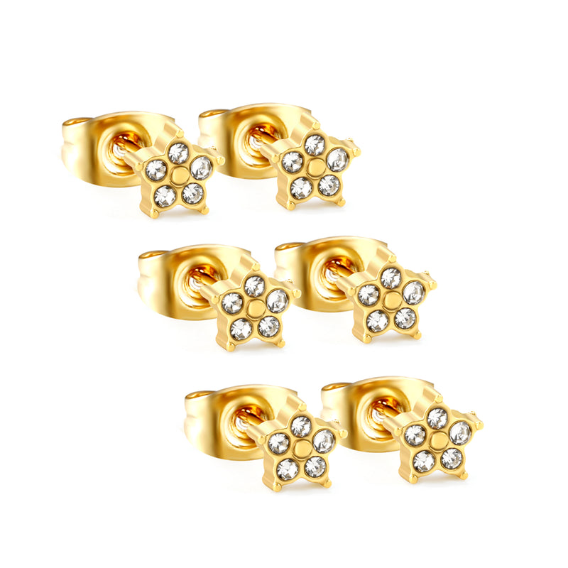 3 pairs of 5mm star stud earrings with white rhinestones in gold