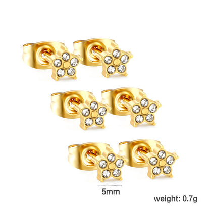 3 pairs of 5mm star stud earrings with white rhinestones in gold asonjewelry