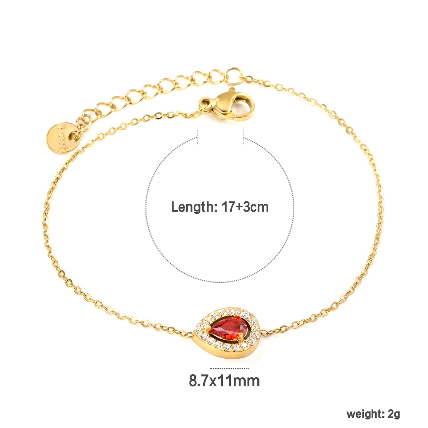 8.7*11mm Round with CNC White Zirconium Ring + Garnet Red Real Zirconium Accessories Bracelet 17+3cm+6mm Round End Plaque Steel/Golden asonjewelry