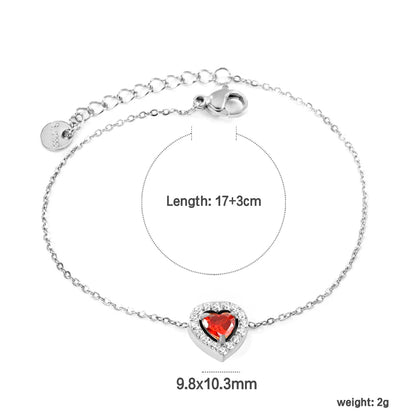 9.8*10.3mm peach heart with CNC white zirconium ring + garnet red genuine zirconium accessories bracelet 17+3cm+6mm round end plaque steel color/golden asonjewelry