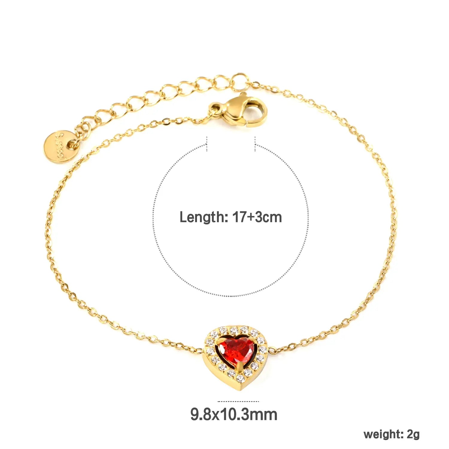 9.8*10.3mm peach heart with CNC white zirconium ring + garnet red genuine zirconium accessories bracelet 17+3cm+6mm round end plaque steel color/golden asonjewelry