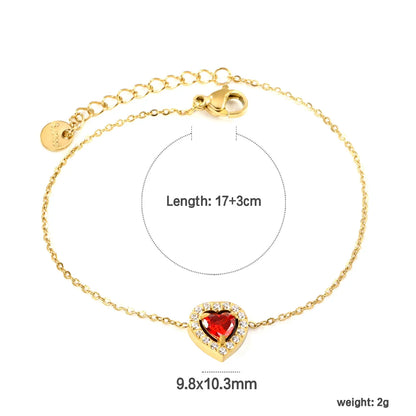 9.8*10.3mm peach heart with CNC white zirconium ring + garnet red genuine zirconium accessories bracelet 17+3cm+6mm round end plaque steel color/golden asonjewelry