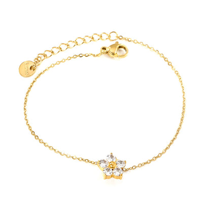 9.3*8.9mm Five Petal Flower with Round White/Purple/Pink Zirconium Bracelet 17+3cm+6mm Round End Tag Gold asonjewelry