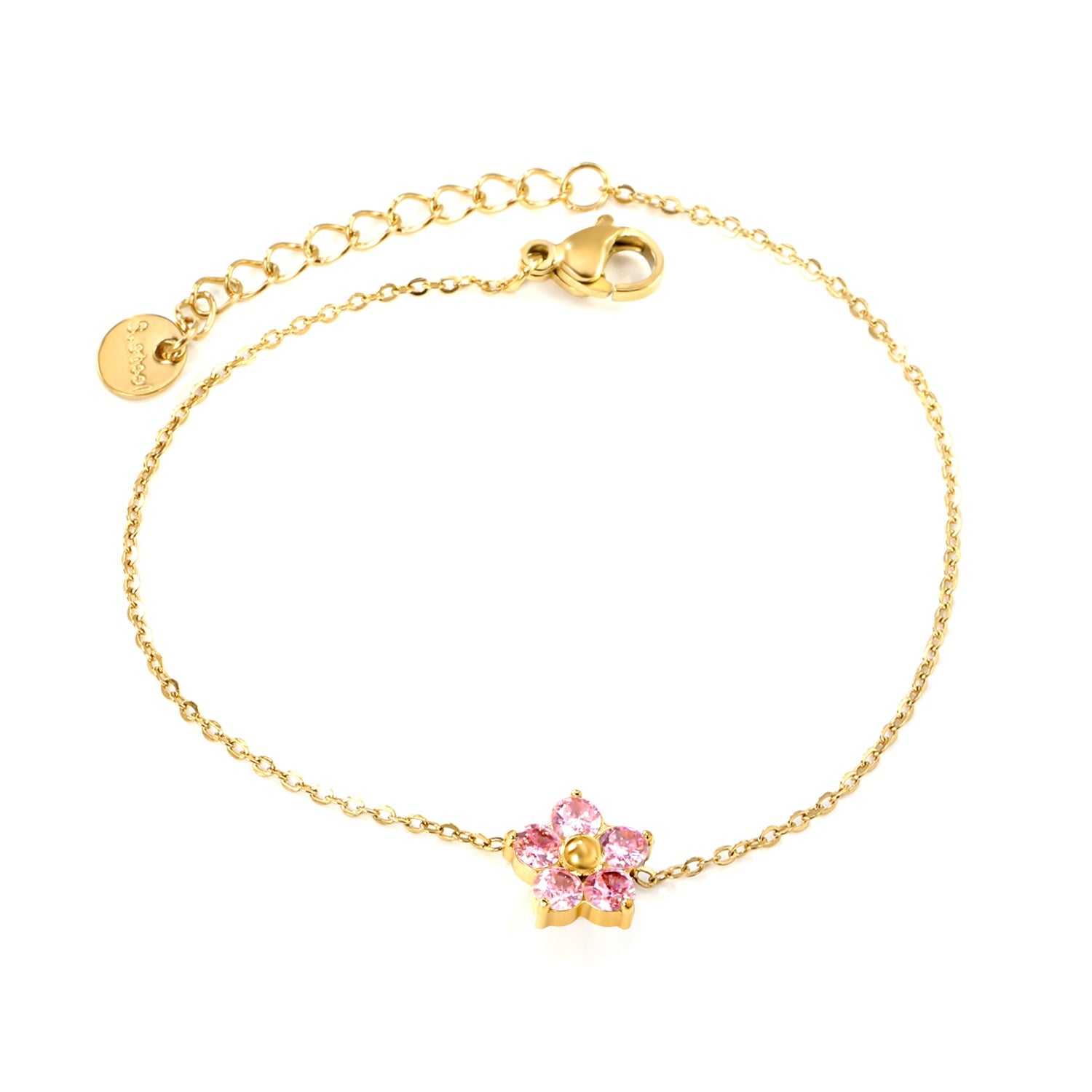 9.3*8.9mm Five Petal Flower with Round White/Purple/Pink Zirconium Bracelet 17+3cm+6mm Round End Tag Gold asonjewelry