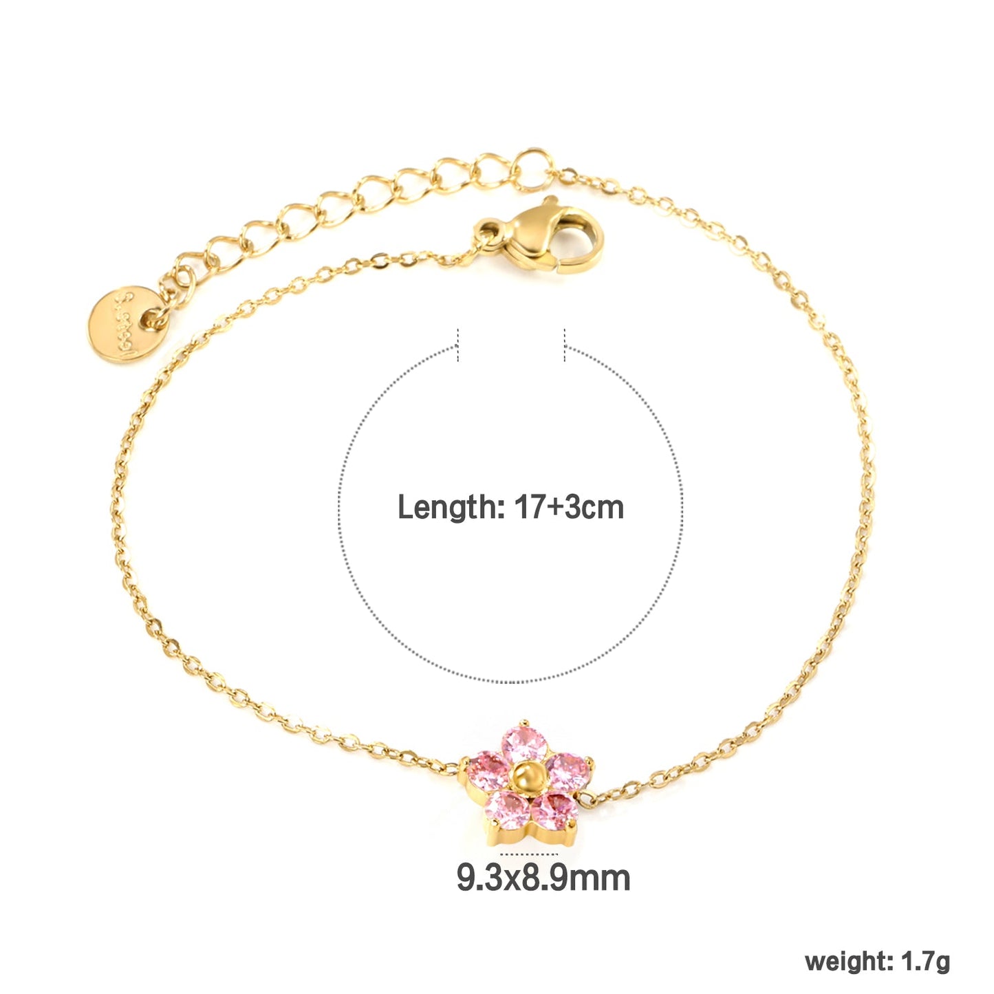 9.3*8.9mm Five Petal Flower with Round White/Purple/Pink Zirconium Bracelet 17+3cm+6mm Round End Tag Gold asonjewelry