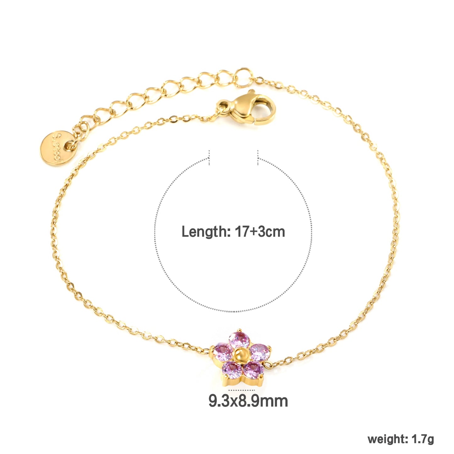 9.3*8.9mm Five Petal Flower with Round White/Purple/Pink Zirconium Bracelet 17+3cm+6mm Round End Tag Gold asonjewelry