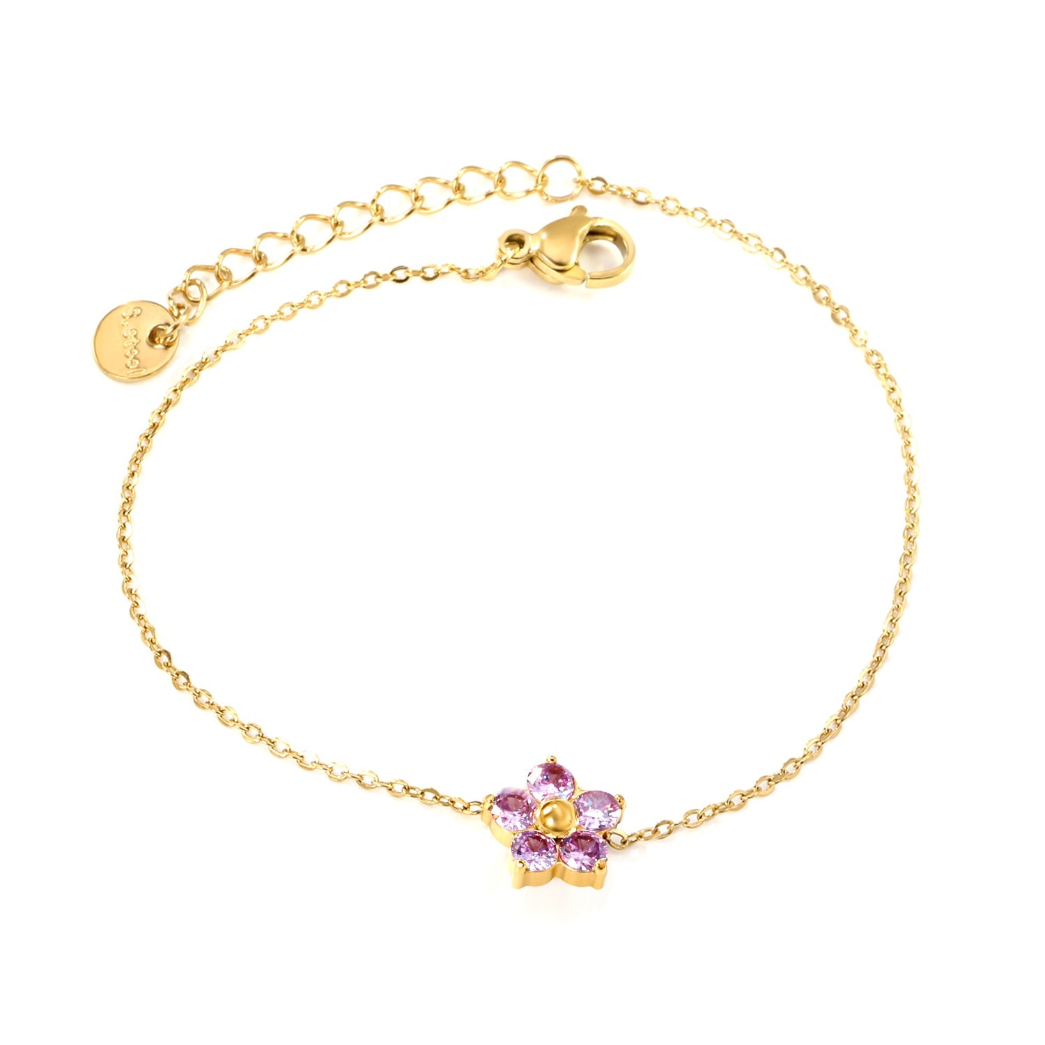 9.3*8.9mm Five Petal Flower with Round White/Purple/Pink Zirconium Bracelet 17+3cm+6mm Round End Tag Gold asonjewelry