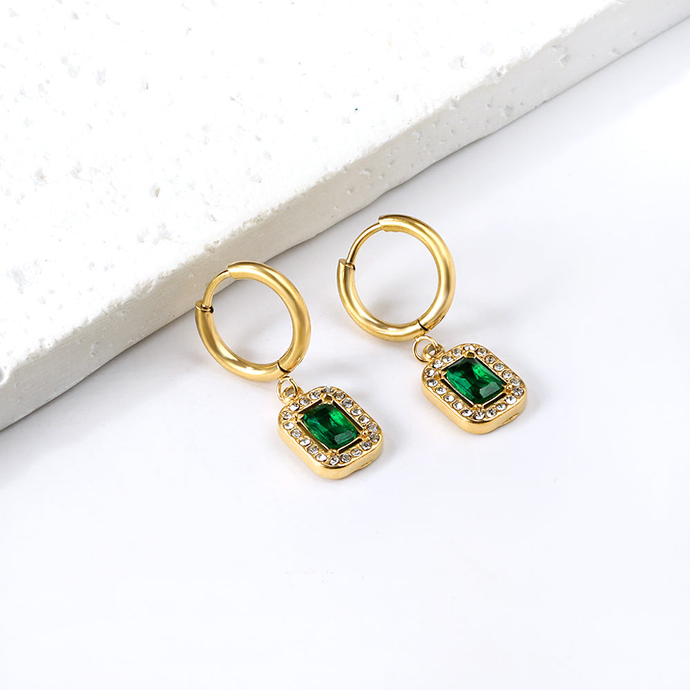 2x13mm circle with rectangular green diamond + white diamond hoop earrings asonjewelry
