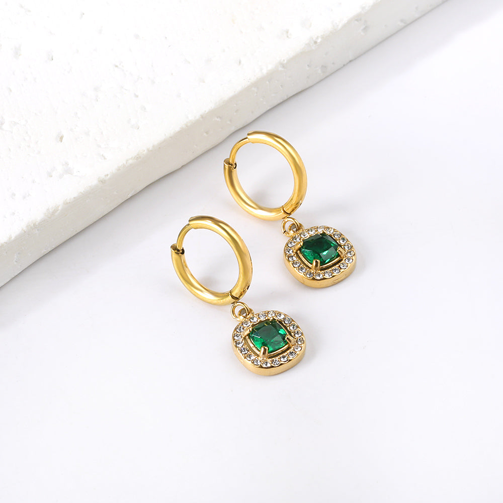 2x13mm circle with square green diamond + white diamond hoop earrings asonjewelry