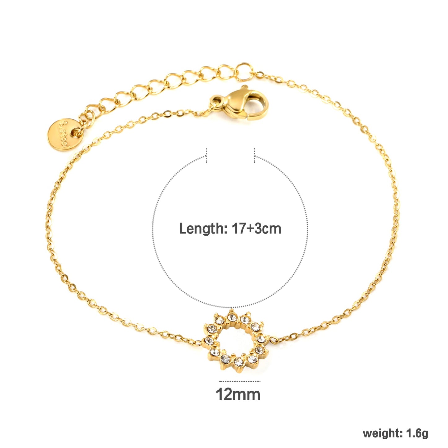 12mm Round Sticky White Zirconia Ring Accessories Bracelet 17+3cm+6mm Round End Plate Steel/Golden asonjewelry