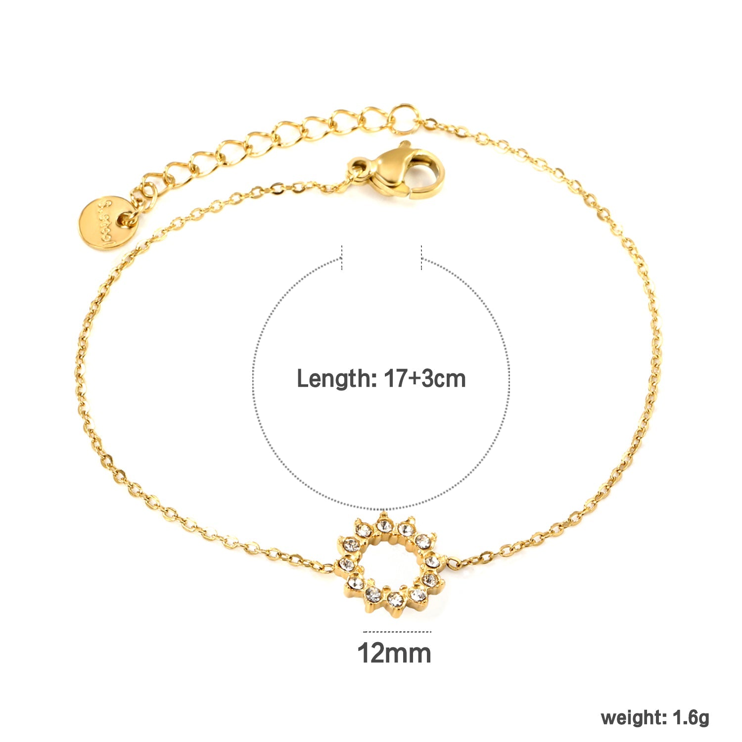 12mm Round Sticky White Zirconia Ring Accessories Bracelet 17+3cm+6mm Round End Plate Steel/Golden asonjewelry