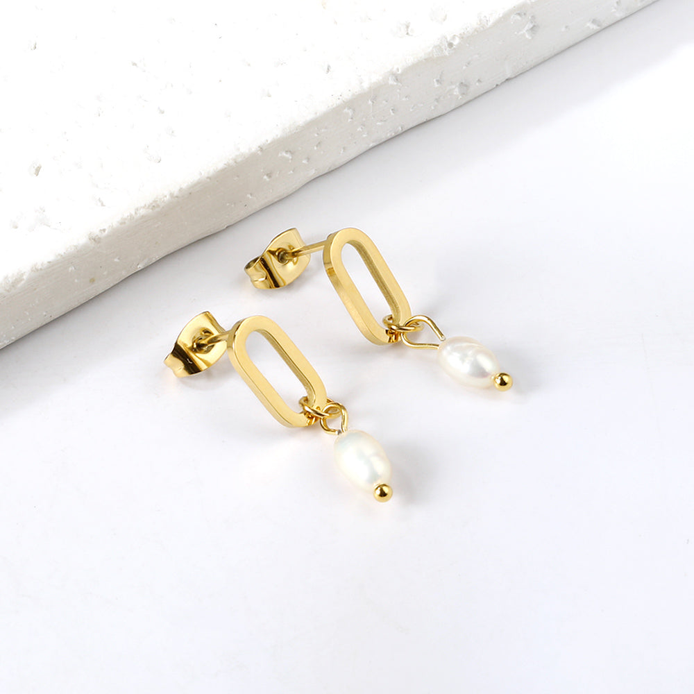 Long Oval Hoop with Oval White Pearl Stud Earrings asonjewelry