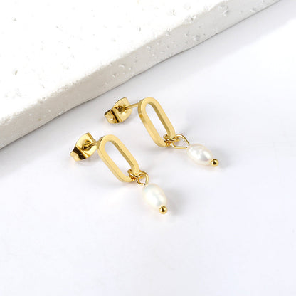 Long Oval Hoop with Oval White Pearl Stud Earrings asonjewelry