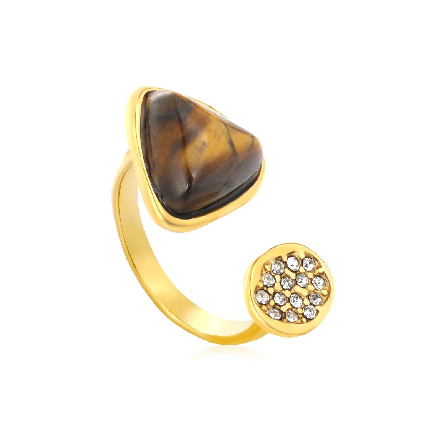 14mm Triangle Tiger's Eye + Czech White Imitation Diamond Open Ring Gold 7# asonjewelry