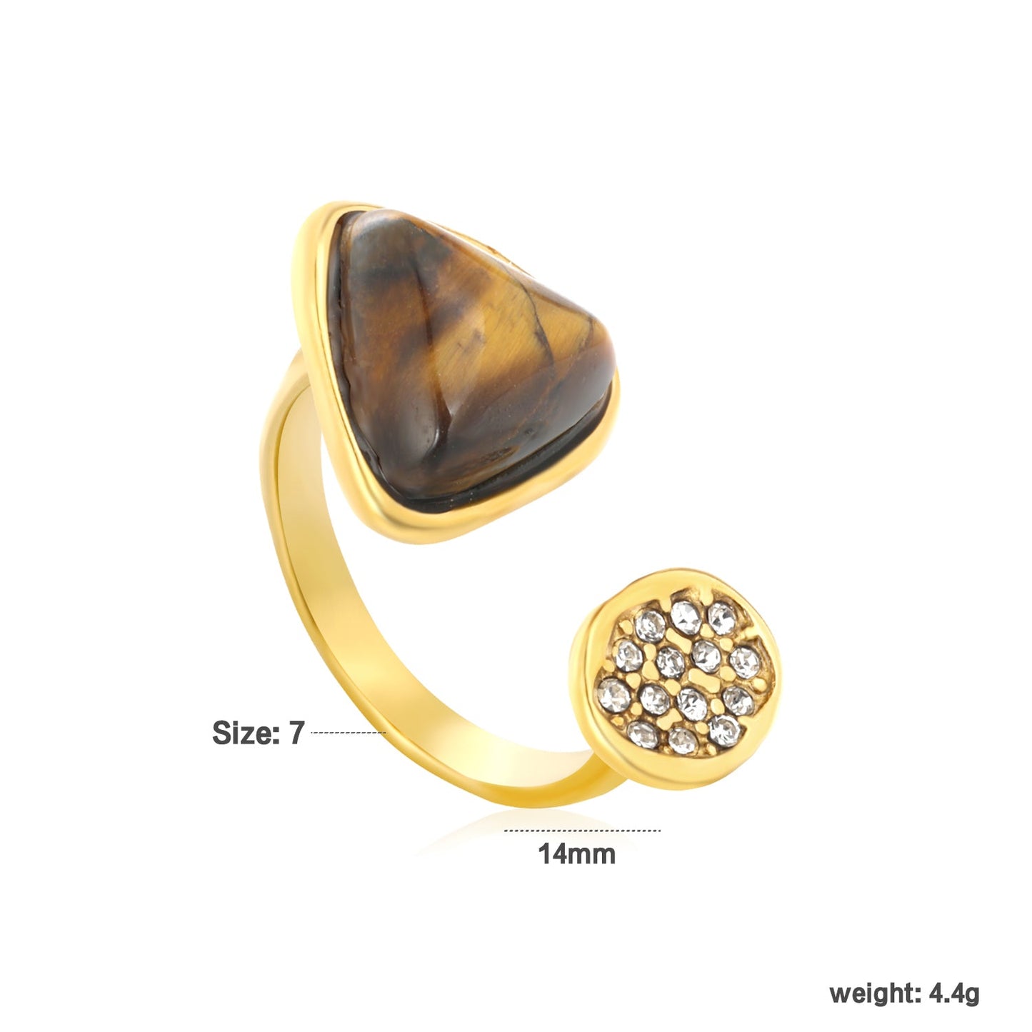 14mm Triangle Tiger's Eye + Czech White Imitation Diamond Open Ring Gold 7# asonjewelry