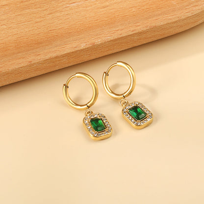 2x13mm circle with rectangular green diamond + white diamond hoop earrings asonjewelry