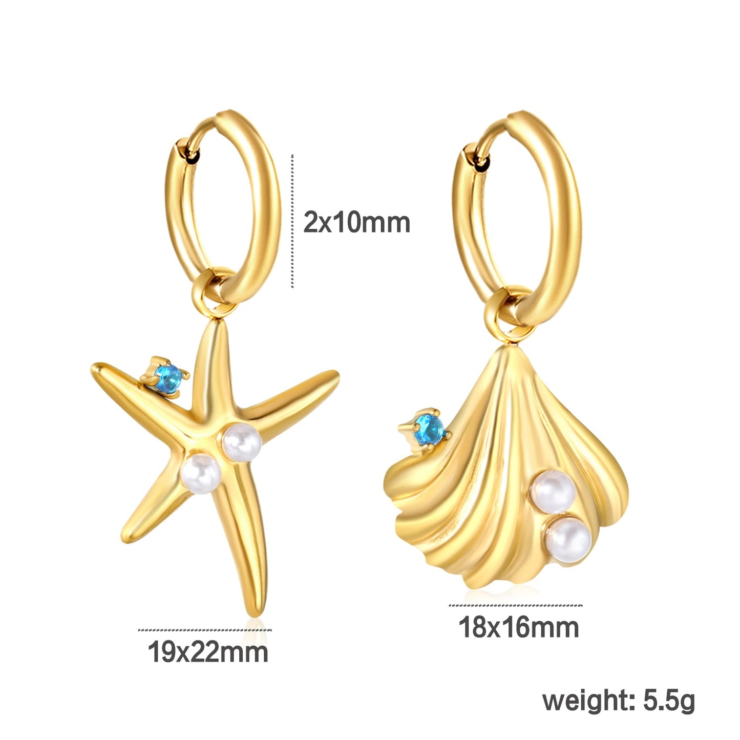 18x16mm Shell & 19x22mm Starfish with White Pearl + Diamond Earrings, Gold asonjewelry