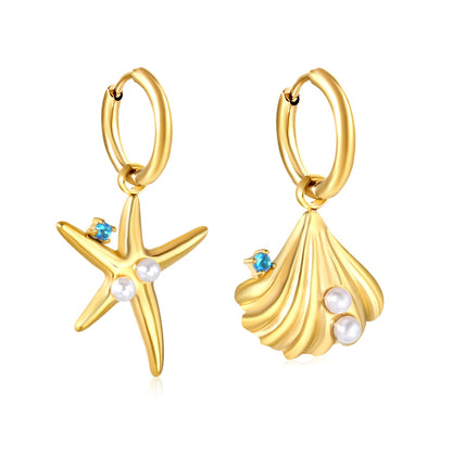 18x16mm Shell & 19x22mm Starfish with White Pearl + Diamond Earrings, Gold asonjewelry