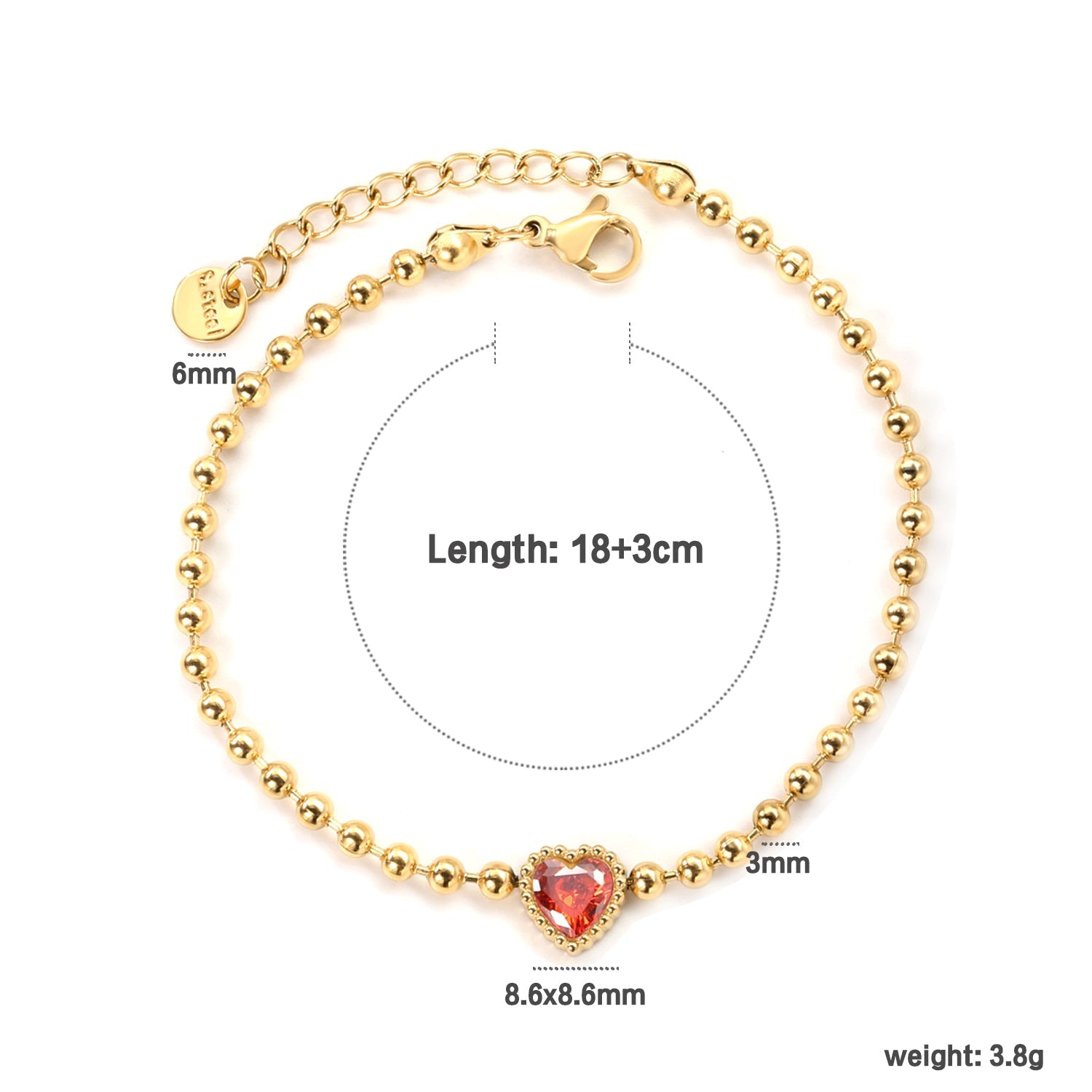 8.6*8.6mm white/light purple/pomegranate red zirconia 3mm bead chain 18+3cm+6mm round pendant bracelet asonjewelry