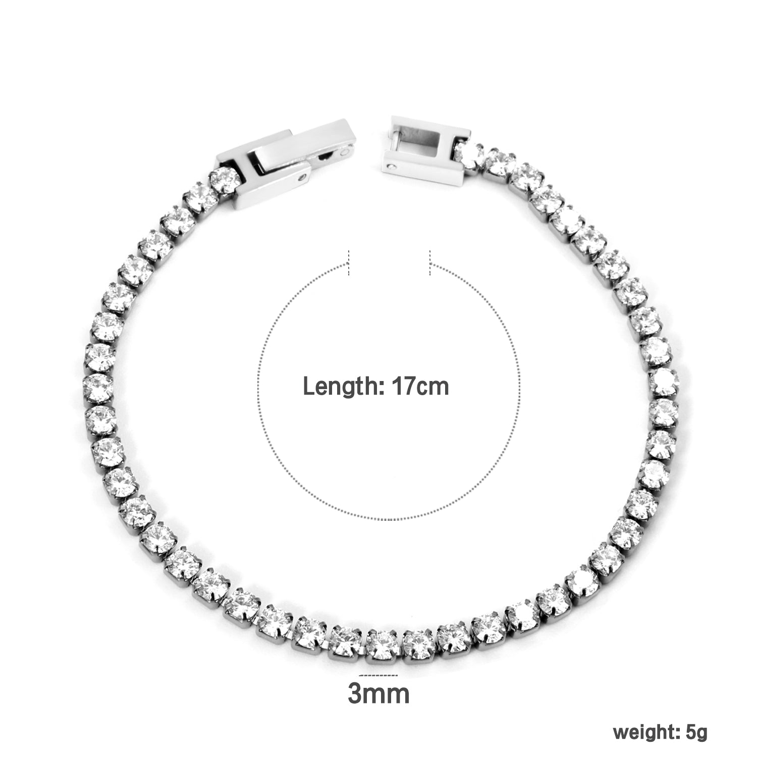 2mm/3mm Round White/Black Crystal Zirconia 17cm Clasp Bracelet Steel/Golden asonjewelry