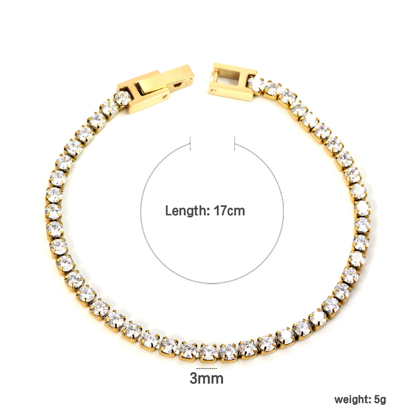 2mm/3mm Round White/Black Crystal Zirconia 17cm Clasp Bracelet Steel/Golden asonjewelry