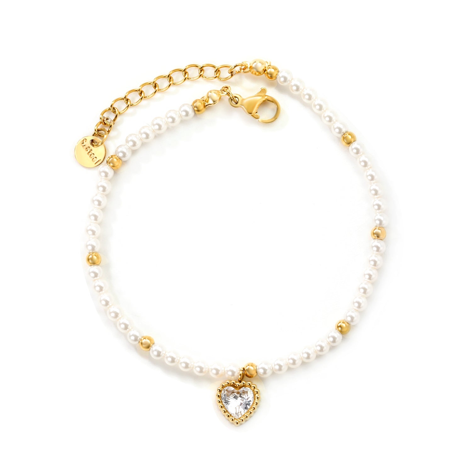 8.5 x 8.8mm beaded heart-shaped pendant with white/black/red/pink/green zirconia stones, 3.2mm white pearl beads + 3mm small steel beads, 18+3cm + 6mm round pendant, gold-colored bracelet asonjewelry