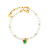 8.5 x 8.8mm beaded heart-shaped pendant with white/black/red/pink/green zirconia stones, 3.2mm white pearl beads + 3mm small steel beads, 18+3cm + 6mm round pendant, gold-colored bracelet