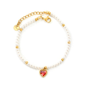 8.5 x 8.8mm beaded heart-shaped pendant with white/black/red/pink/green zirconia stones, 3.2mm white pearl beads + 3mm small steel beads, 18+3cm + 6mm round pendant, gold-colored bracelet